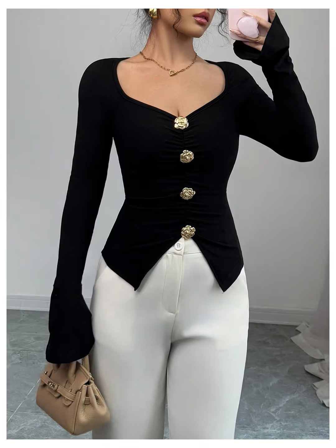 Long Sleeve Floral Metal Tops Women’s Size Large Black Slim Fit Sweetheart Neck