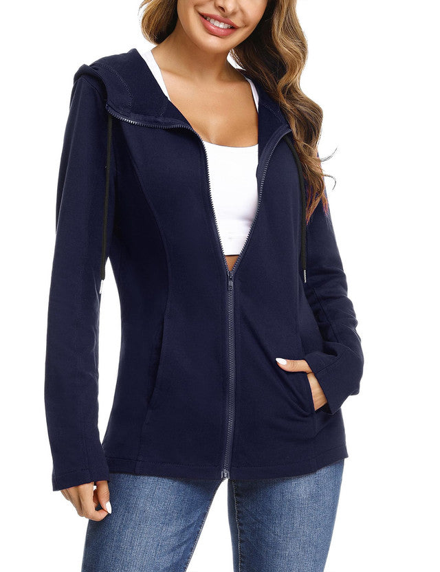Zip Up Warm Hoodie Tracksuit Jacket Womens Size Medium Navy Long Sleeve Slim Fit