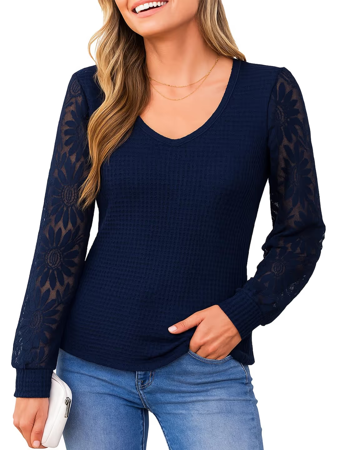 CUPSHE V Neck Eyelet Lace Floral Blouse Women's Small Navy Blue Long Sleeve