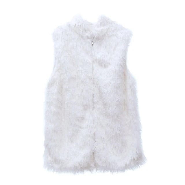 Faux Fur Waistcoat Women's Size XL White Pockets Sleeveless Mock Neck Zip Up