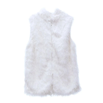 Faux Fur Waistcoat Women's Size XL White Pockets Sleeveless Mock Neck Zip Up