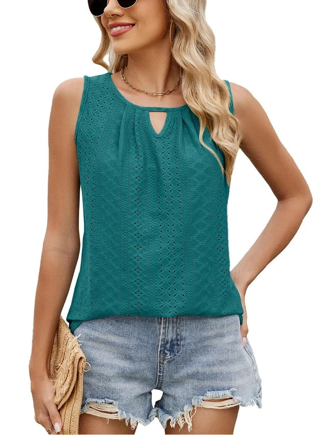 Tank Top Women's Small Peacock Green Pleated Sleeveless Keyhole Front Scoop Neck