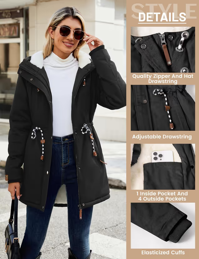 Xnova Women's Winter Warm Parka Hood Jacket Women's Size 2XL Black Teddy Fleece