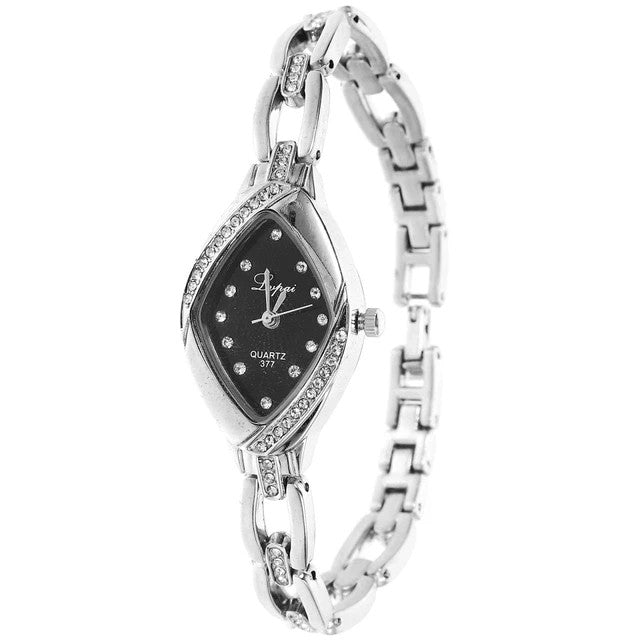 Hemobllo Women's Wrist Watch Elegant Silver Black Bracelet with Rhinestone