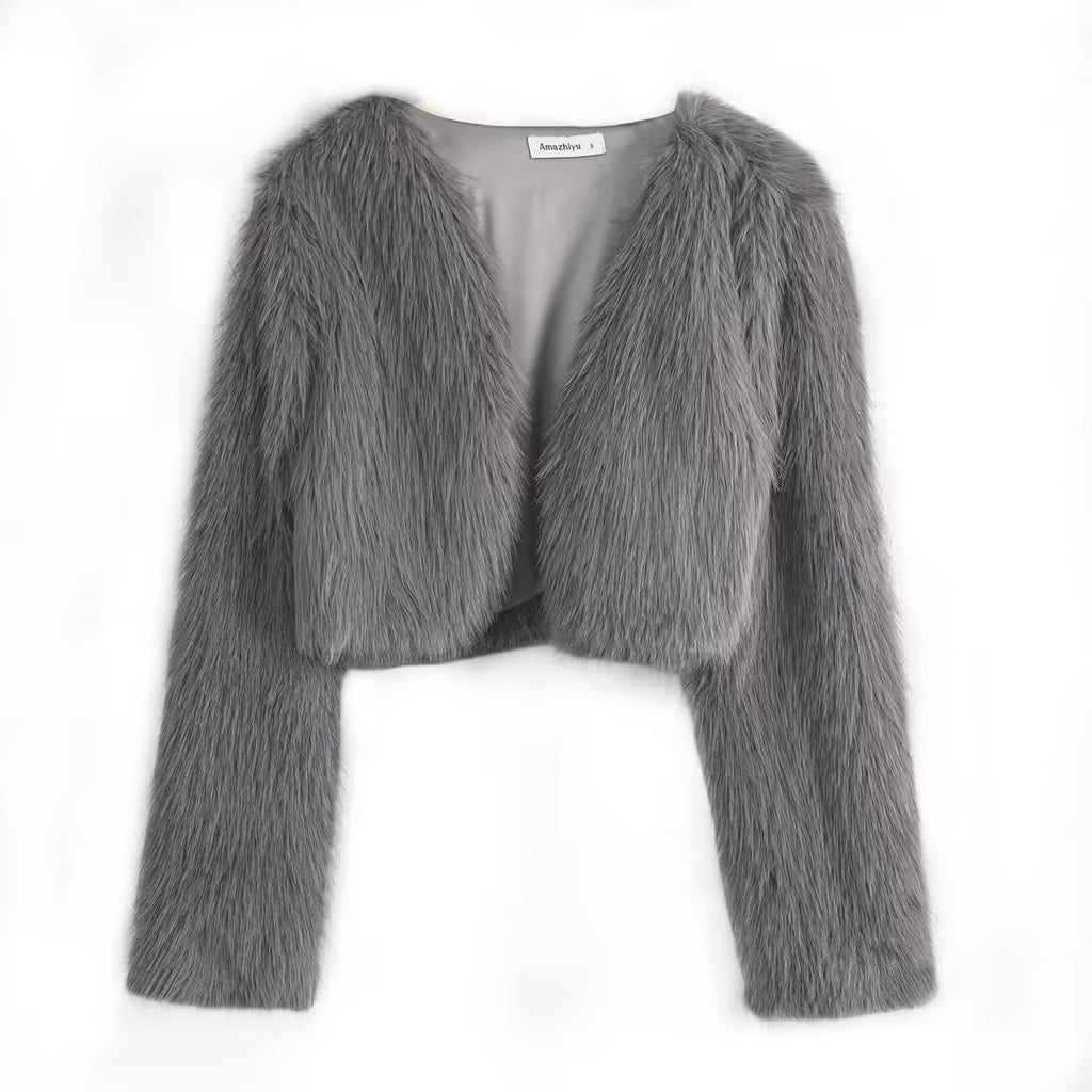 Amazhiyu Faux Fur Long Sleeve Jacket Women's Size Large Light Gray Open Front