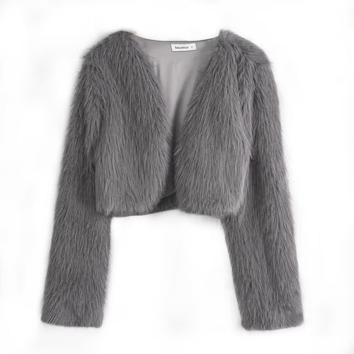 Amazhiyu Faux Fur Long Sleeve Jacket Women's Size Large Light Gray Open Front