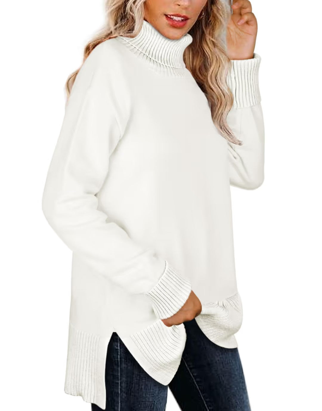 Aokosor Turtle Neck Ribbed Tunic Split Sweater Women's Size 14 White Pull On