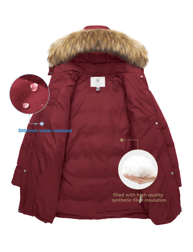 Wenven Quilted Parka Jacket Women's Size 3XL Wine Red Faux Fur Hood Winter Warm