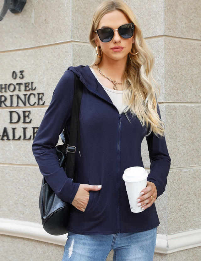 Zip Up Warm Hoodie Tracksuit Jacket Womens Size Medium Navy Long Sleeve Slim Fit