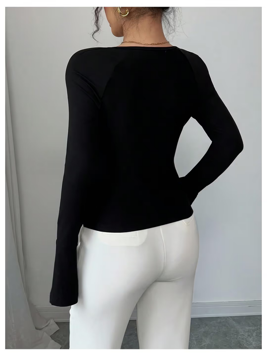 Long Sleeve Floral Metal Tops Women’s Size Large Black Slim Fit Sweetheart Neck