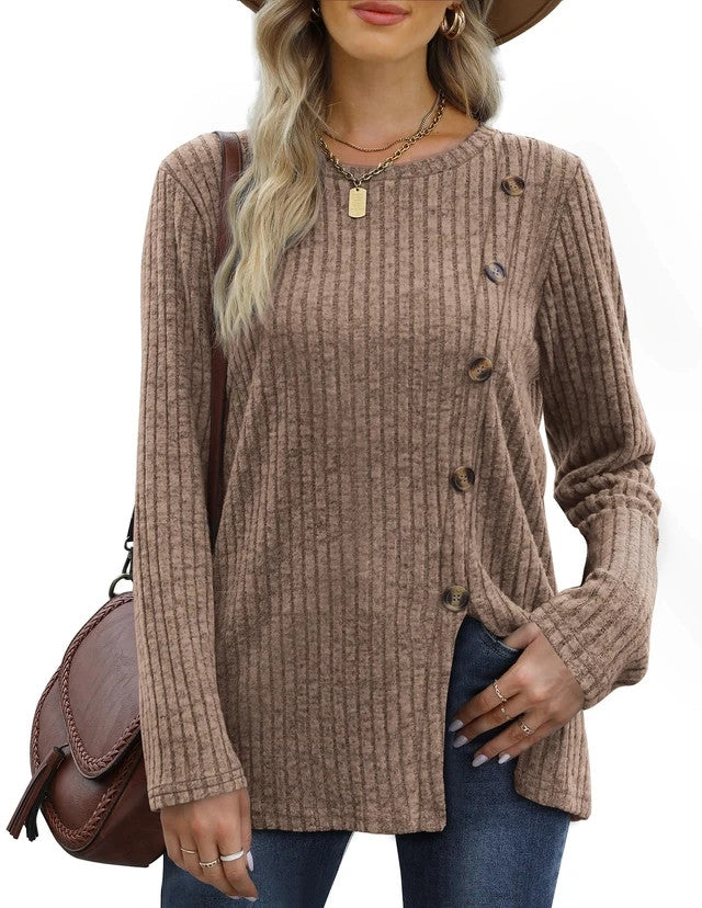Slit Tunic Jumper Women's Size XL Brown Long Sleeves Button Front Crew Neck