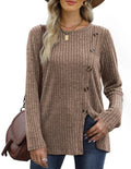 Slit Tunic Jumper Women's Size XL Brown Long Sleeves Button Front Crew Neck