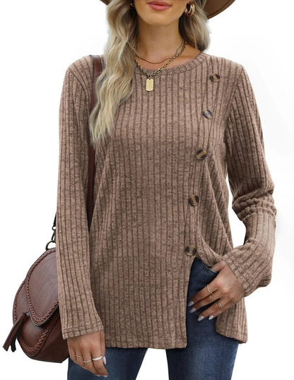 Slit Tunic Jumper Women's Size XL Brown Long Sleeves Button Front Crew Neck