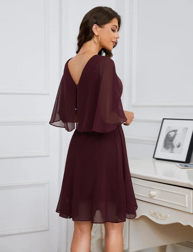 Dressystar Knee Cocktail Dress Women's Size 2XL Burgundy Short Sleeves V-Neck