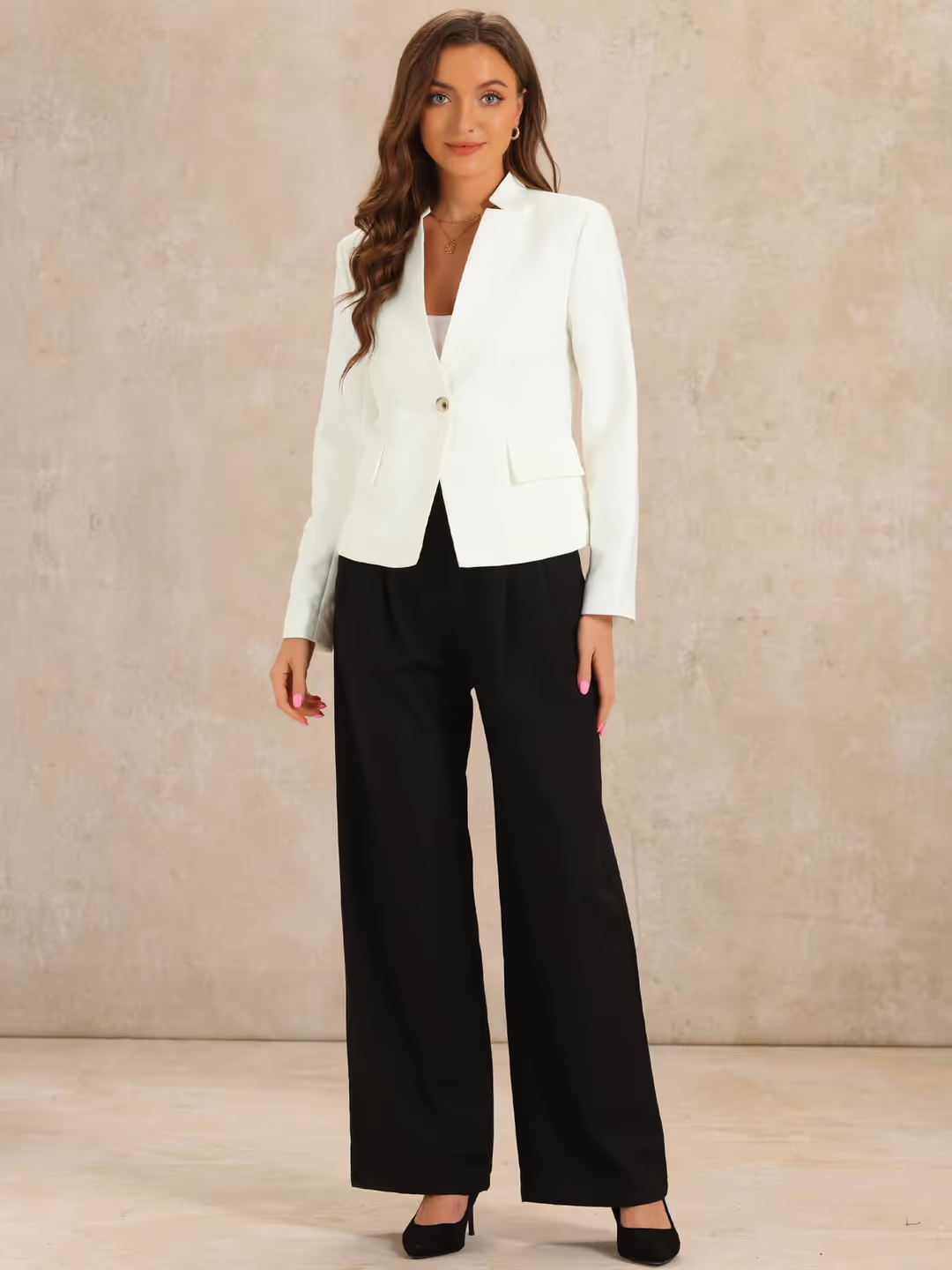 Allegra K Business Stand Up Collar Blazer Women's Size Small White Long Sleeves