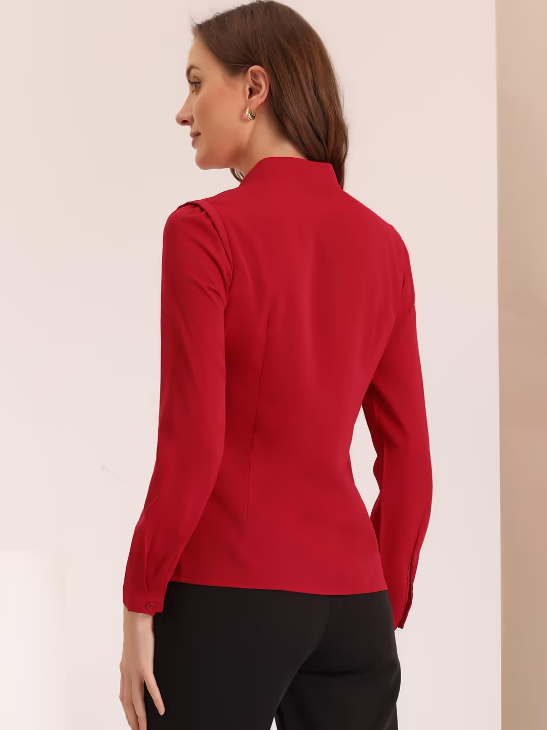 Allegra K Button Up Cropped Blouse Women's Size Small Red V Neck Long Sleeve