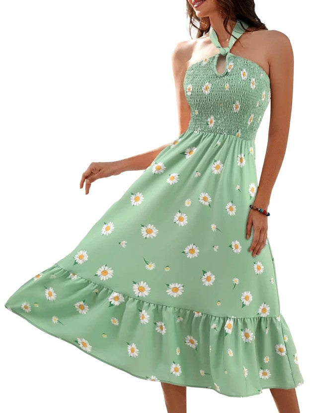 HomRain Cocktail Dress Women Small Green/White/Daisy Sleeveless Spaghetti Straps