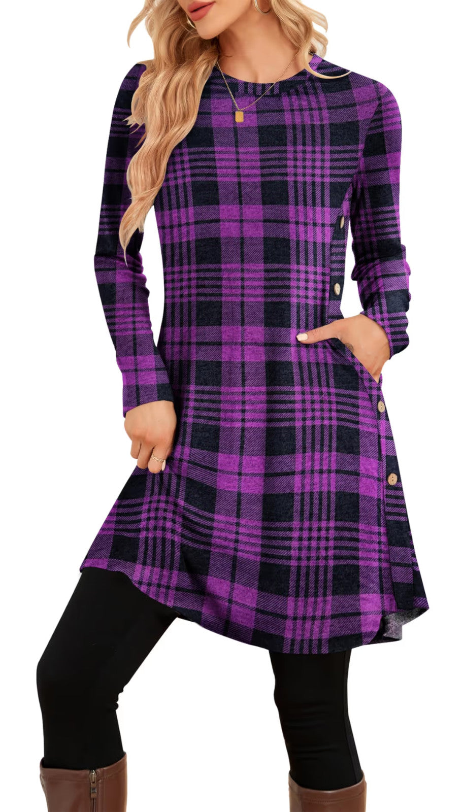 Senbatu Jumper Dress Women's Size XL Purple Plaid Long Sleeves Side Button