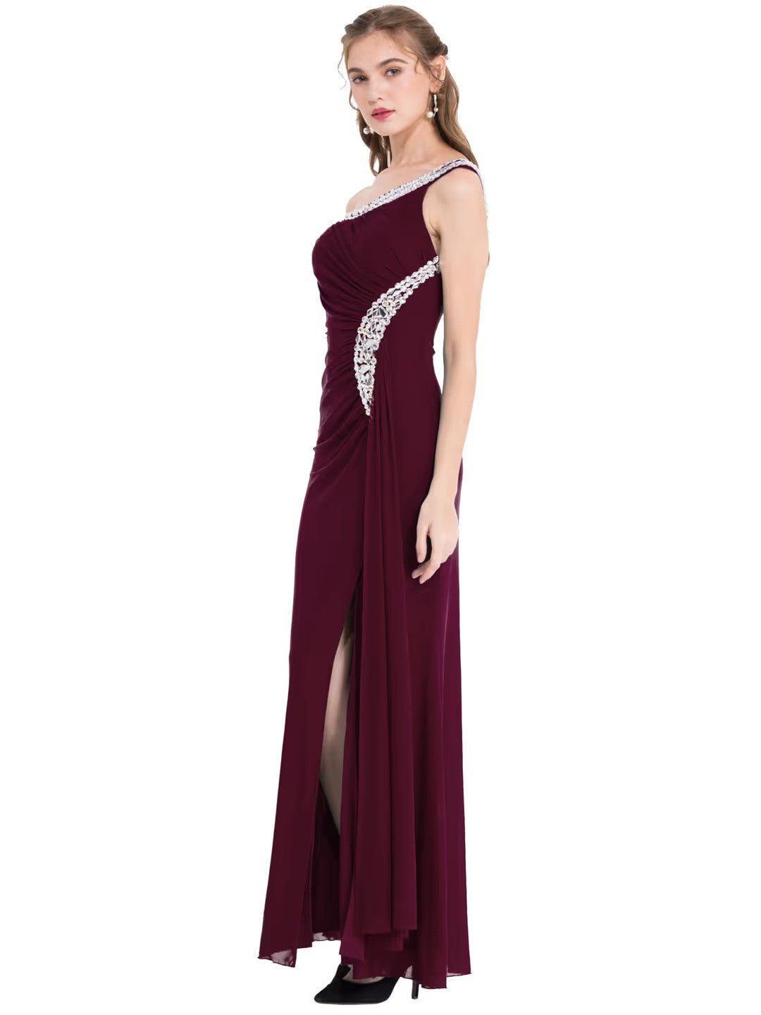 Split Evening Maxi Dresses Women's Size 10 Wine Red Sleeveless One Shoulder