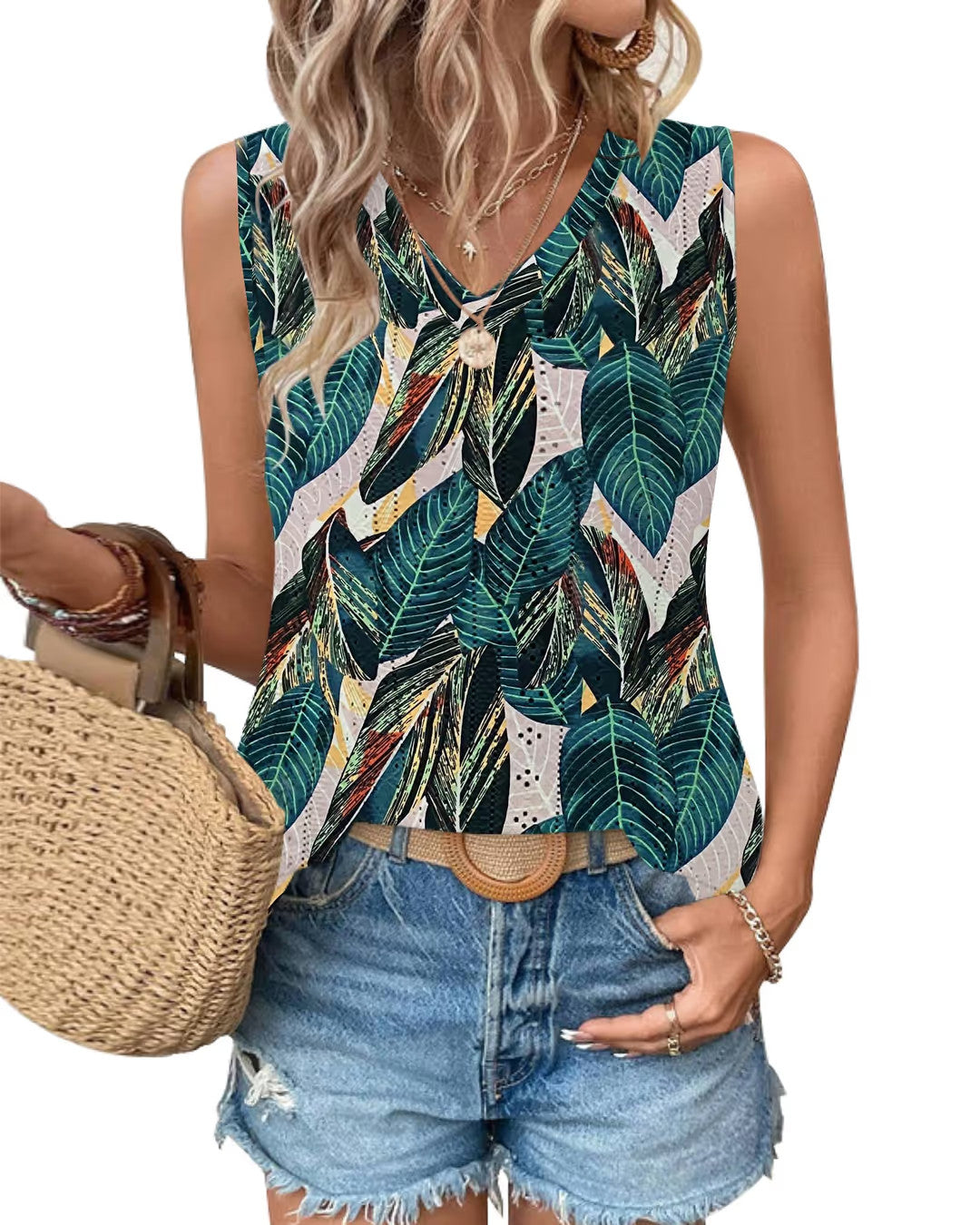 V Neck Eyelet Embroidery Side Split Tank Top Women's Medium Sea Green Pull On