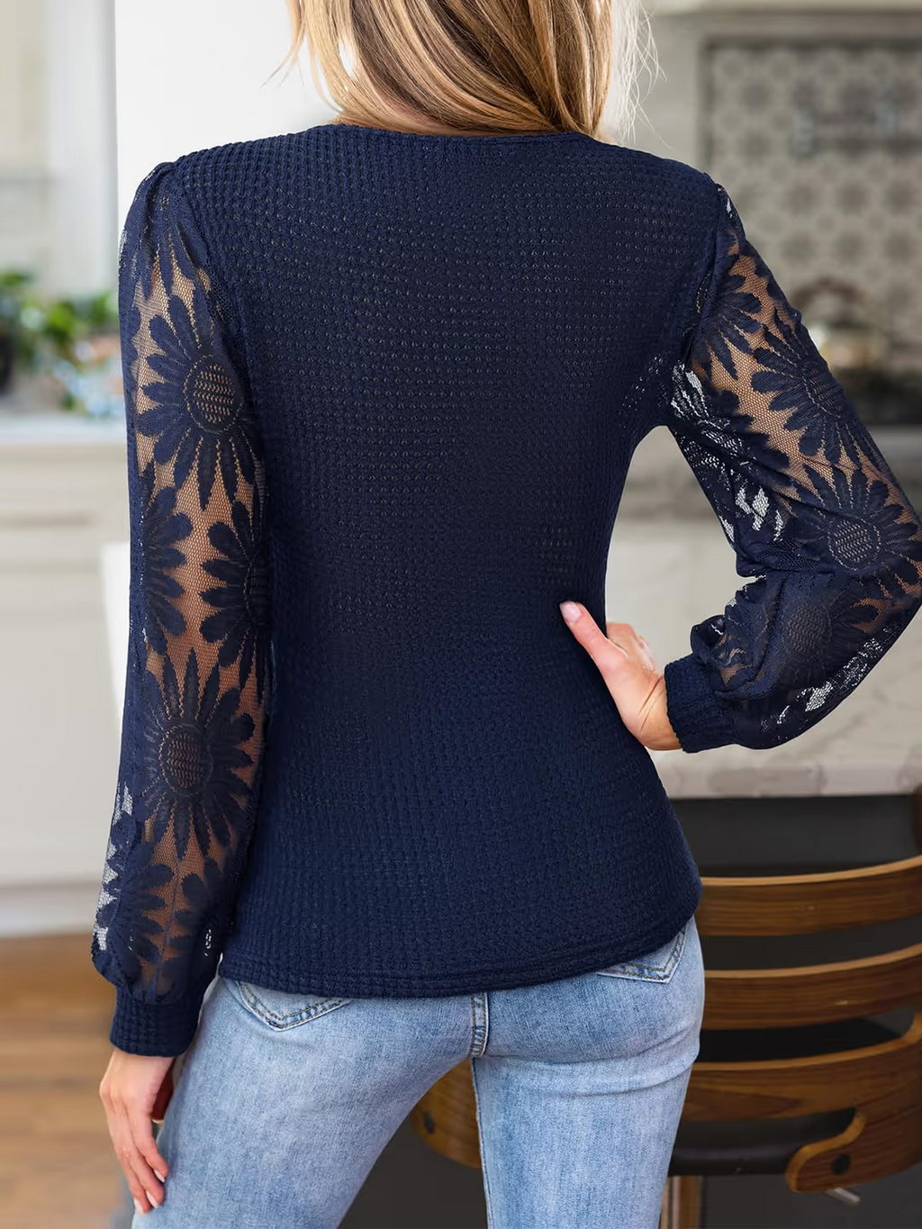 CUPSHE V Neck Eyelet Lace Floral Blouse Women's Small Navy Blue Long Sleeve