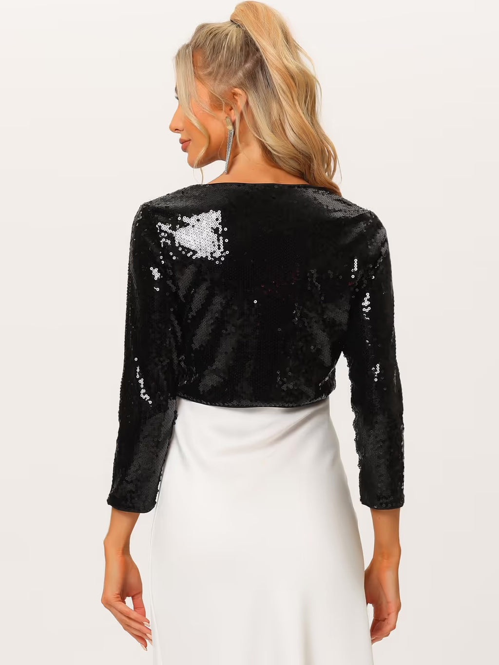 Allegra K Sparkly Crop Bolero Shrug Jacket Women's Large Black Sequin Open Front