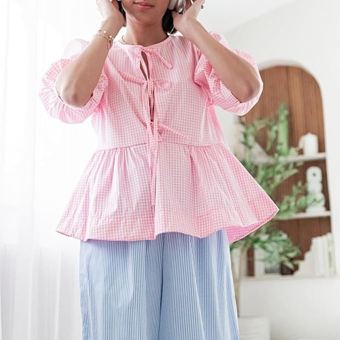 Y2K Puff Sleeves Bandage Blouse Women's Size Large Pink Open Front Peplum