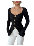 Long Sleeve Floral Metal Tops Women’s Size Large Black Slim Fit Sweetheart Neck