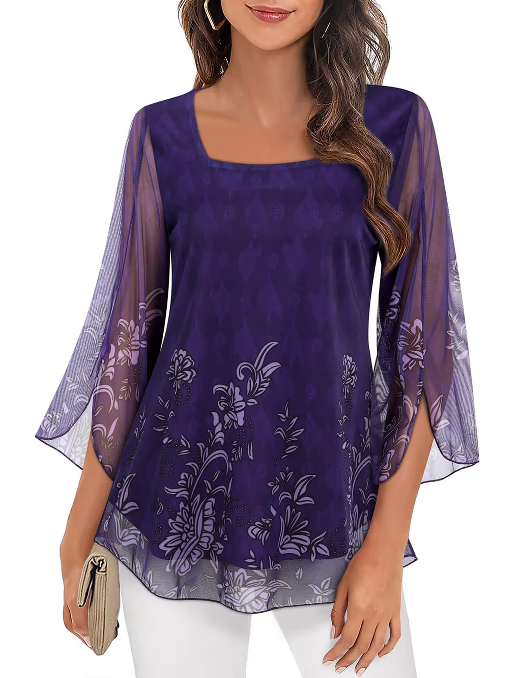 3/4 Sleeve Ruffle Tunic Tops Women's Size 2XL Purple Floral Square Neck Pull On