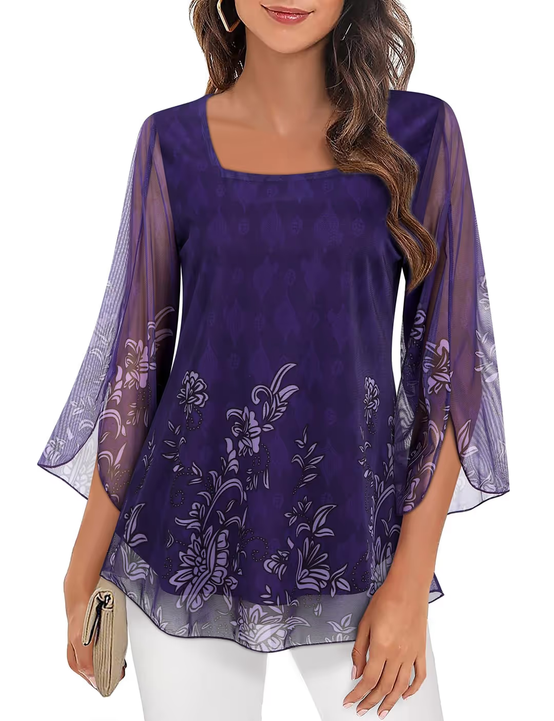 3/4 Sleeve Ruffle Tunic Tops Women's Size 2XL Purple Floral Square Neck Pull On