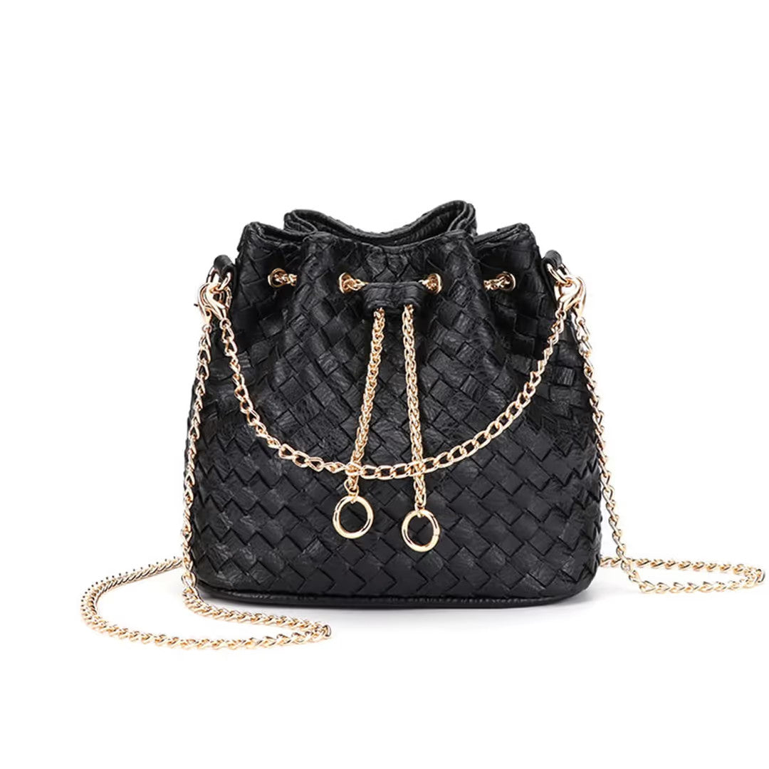 LEGVAEY Leather Woven Bucket Bag Women's Size Small Black Chain Drawstrings