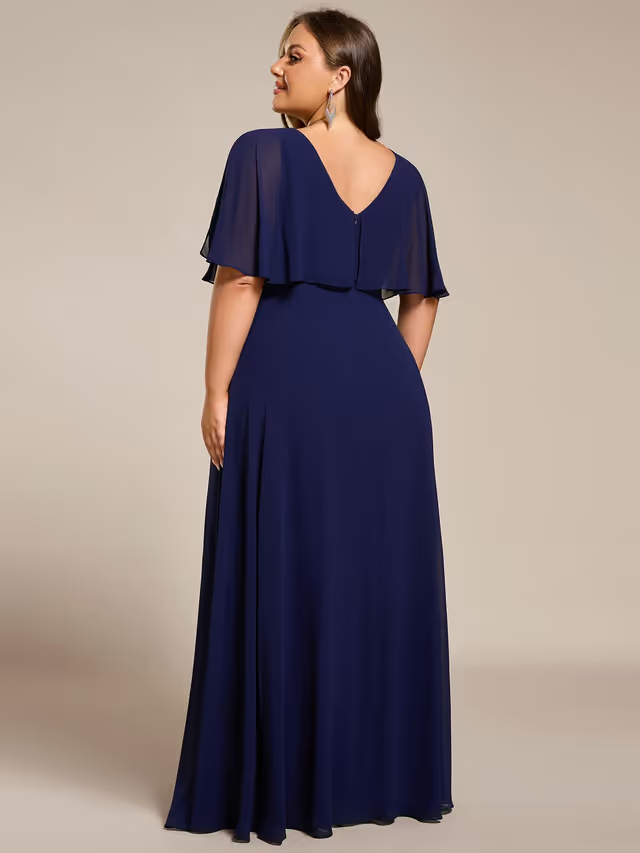 Ever-Pretty Mother-of-the-Bride Chiffon Dress Women's Size 2XL Navy V-Neck