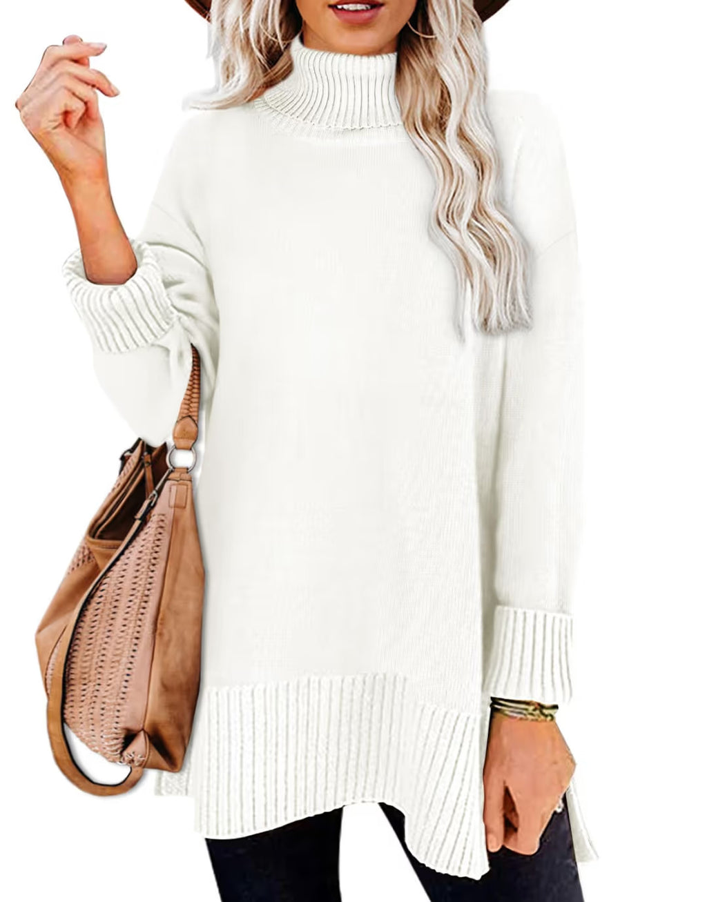 Aokosor Turtle Neck Ribbed Tunic Split Sweater Women's Size 14 White Pull On