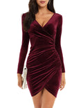 Velvet Wrap V Neck Ruched Mini Dress Women's Size Large Wine Red Long Sleeve