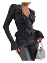Women's Deep V Neck Ruffle Trim Long Sleeve Tops Ruched – Black XL