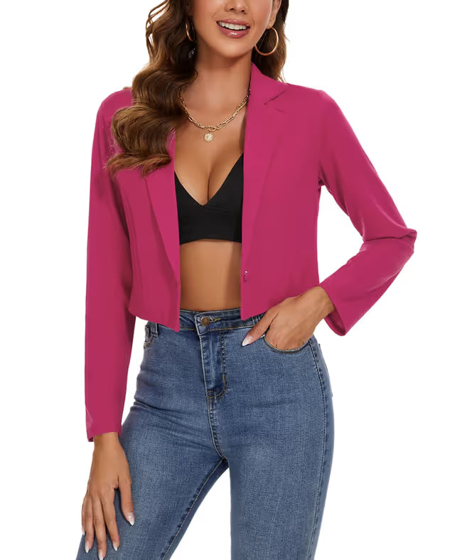 Women's Cropped Blazer One-Button Suit Jacket Elegant Business – Hot Pink M
