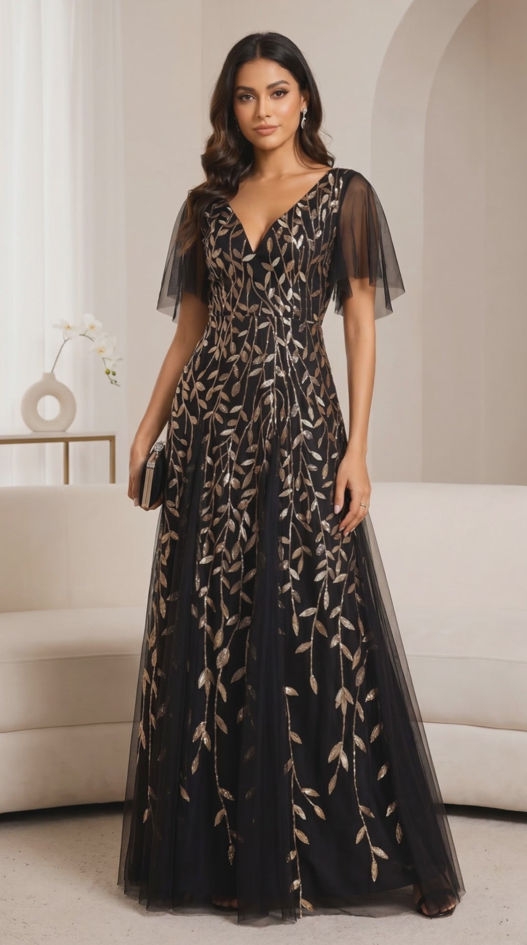 V Neck A-Line Tulle Evening Dress Short Sleeve Elegant – Black Gold 18UK