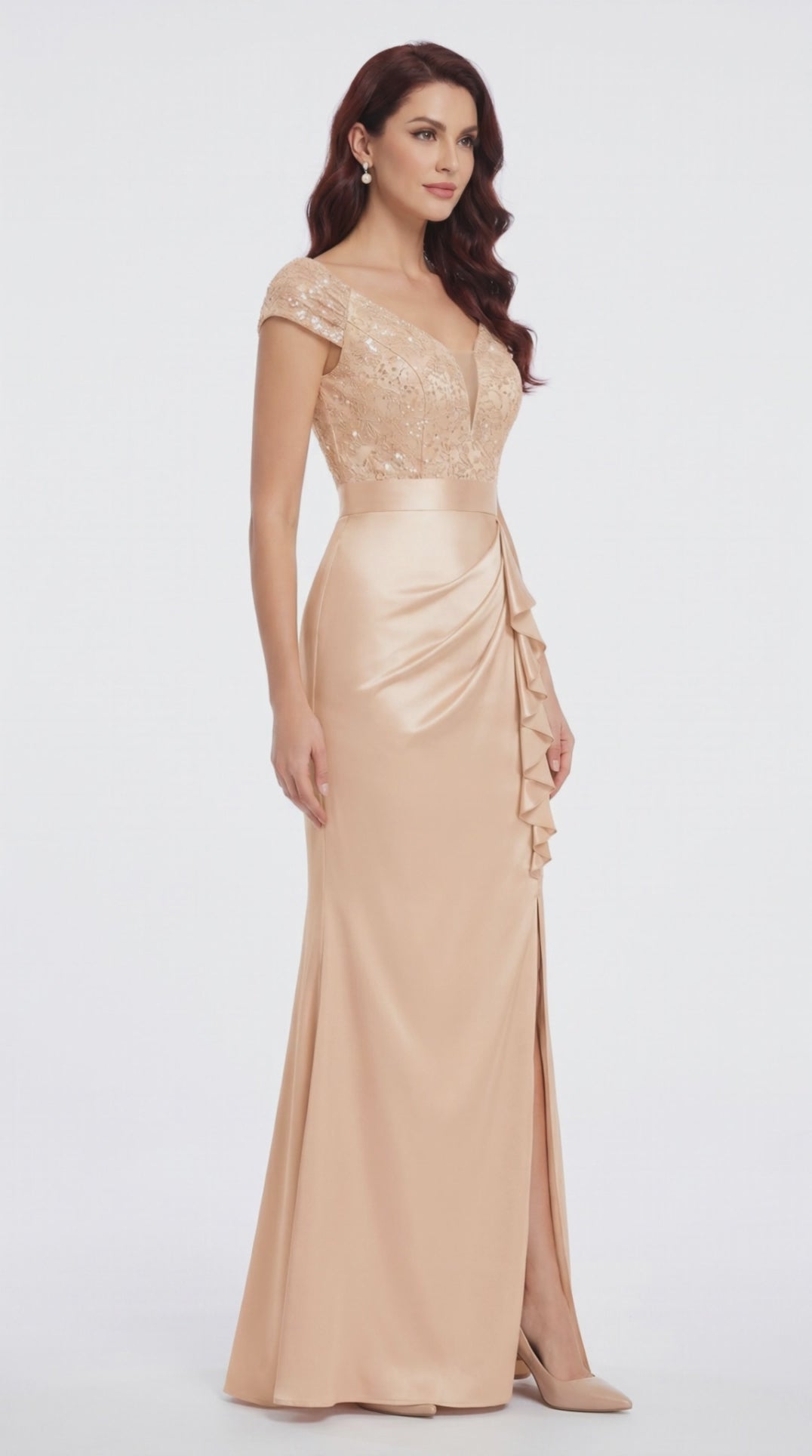 Women's Floral Lace Sequin Cap-Sleeve Fishtail Maxi Dress – Champagne S