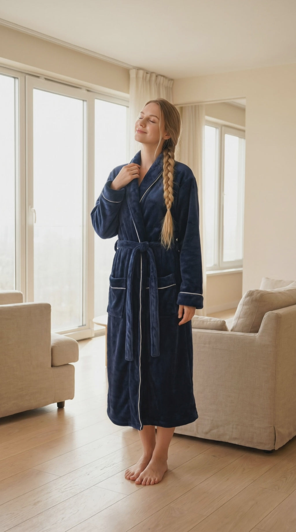 Women's Fleece Bathrobe Shawl Collar Soft Warm Spa Robe