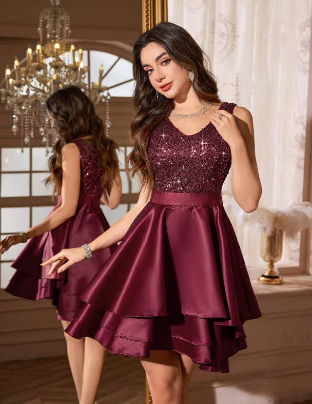 Girls Sequin A-line Prom Dress Short Teen – Burgundy XL