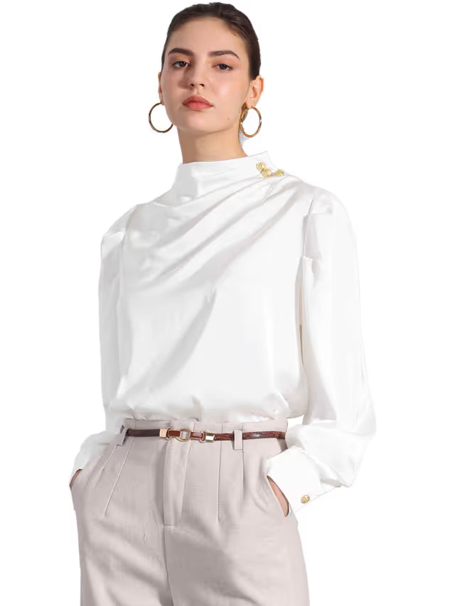 Women's Satin Blouse Mock Neck Pleated Puff Sleeve – White XL