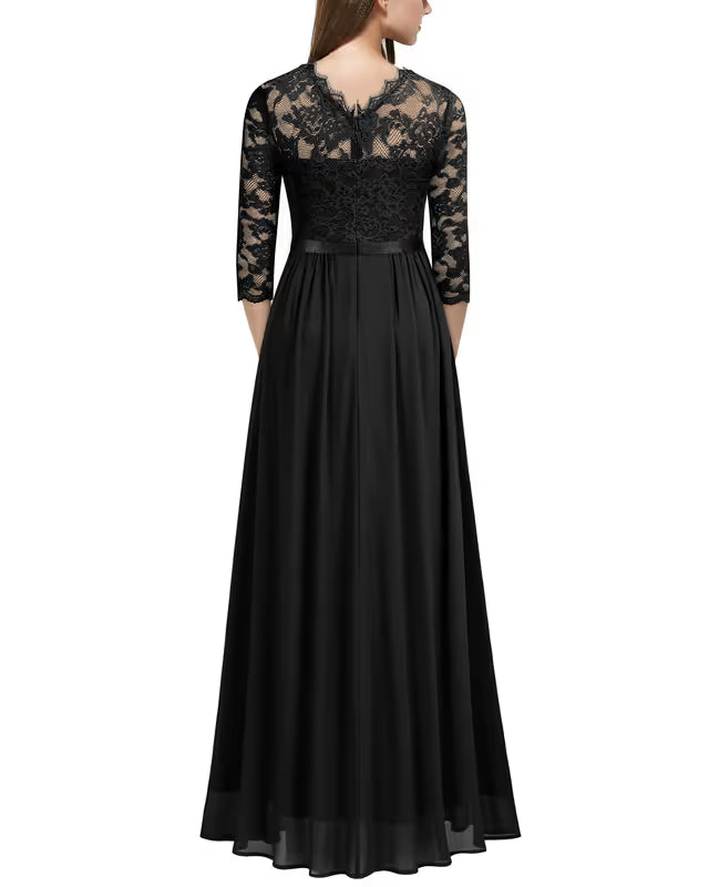 MIUSOL Women's Retro Floral Lace Maxi Dress 3/4 Sleeve Bridesmaid Gown – Black XL