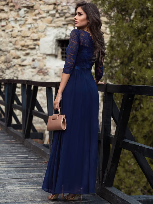 Women's Retro Floral Lace 3/4 Sleeve Maxi Dress – Navy Blue L