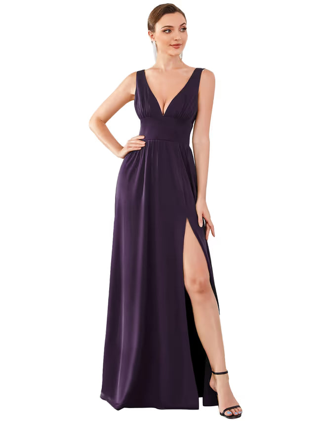 Sleeveless V-neck Stretch Floor-Length Evening Dress Side Split – Dark Purple UK20