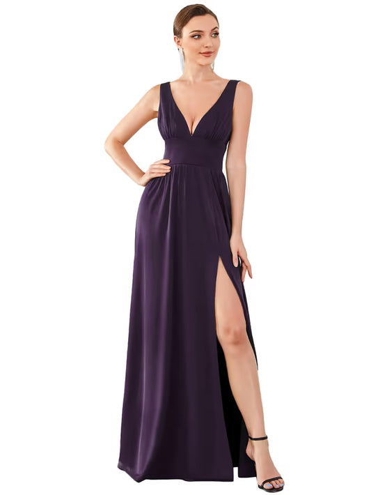 Sleeveless V-neck Stretch Floor-Length Evening Dress Side Split – Dark Purple UK20