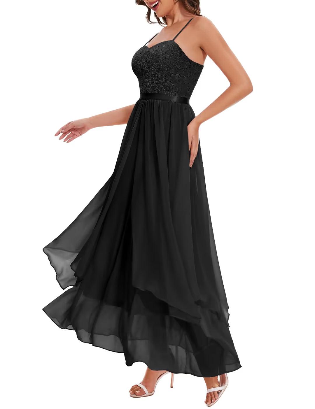 HomRain V Neck Bridesmaid Dress Women's Size XL Black Lace Spaghetti Strap