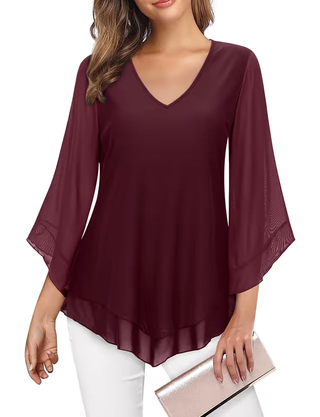 Gemulate Ladies Chiffon Top Ruffle 3/4 Sleeve Blouse – Dark Red M