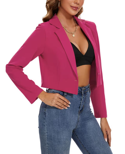Women's Cropped Blazer One-Button Suit Jacket Elegant Business – Hot Pink M