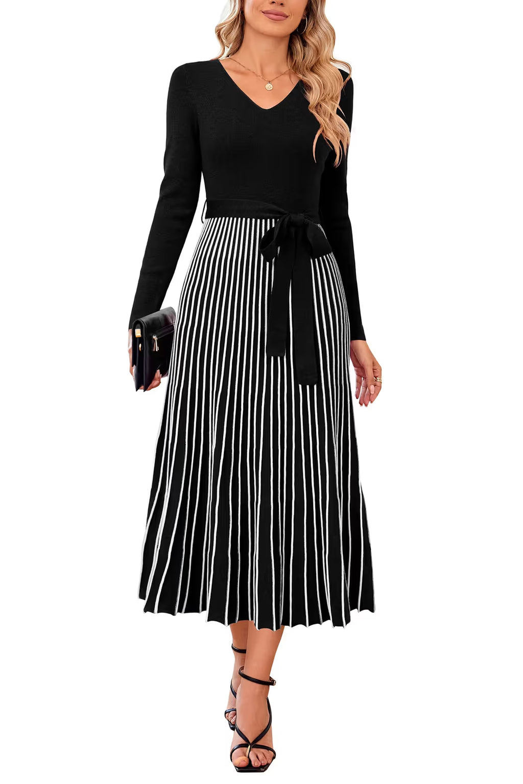 Arach&Cloz Knitted V-Neck Striped Dress Women's Size XL Black White Long Sleeve