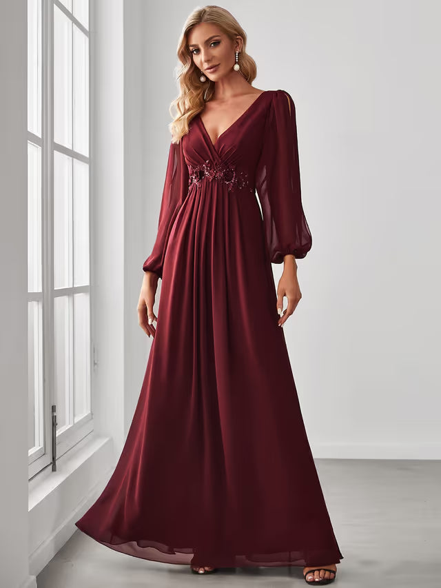 Bridesmaid Dress A-Line Deep V-Neck Appliques Pleated Long Sleeve – Burgundy 14UK